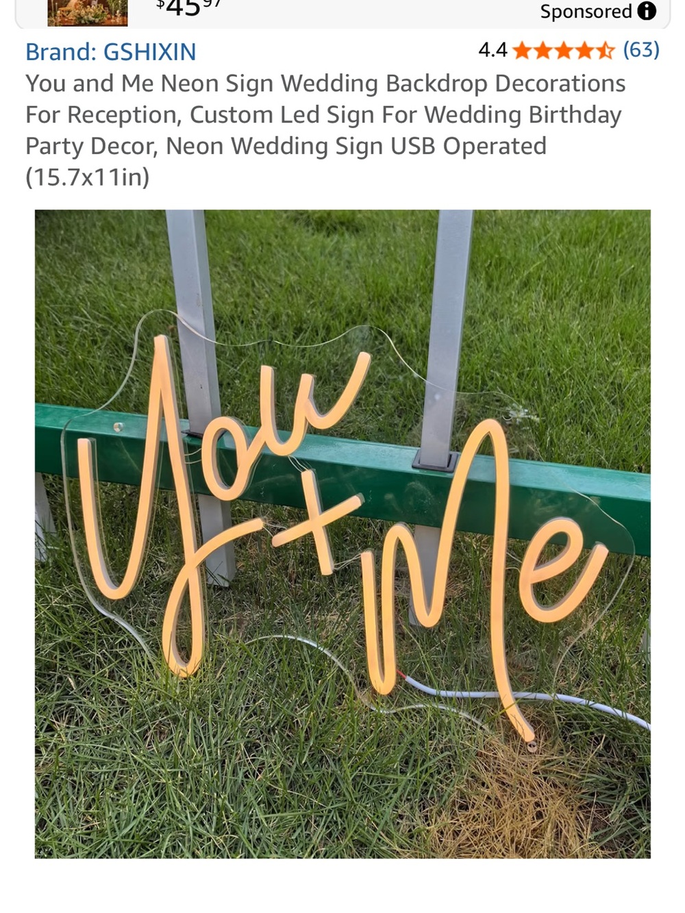 Yellow 'You + Me' Neon Sign - USB Operated Party Decoration